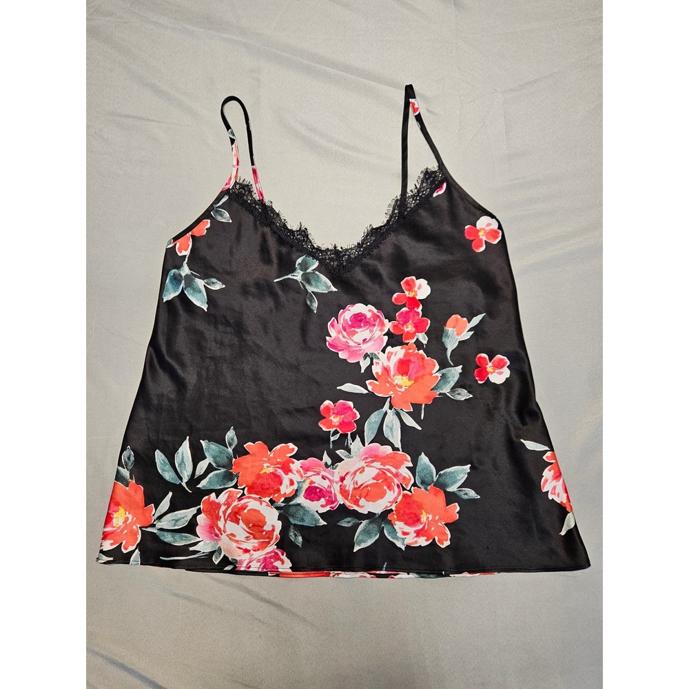 George Floral Satin Camisole Women XS Black Lace Trim V-Neck Adjustable Straps